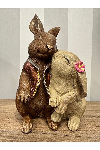 İki Cadı Tasarım Öpüşen Tavşan Biblo Heykel Dekoratif Obje