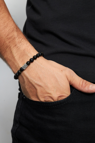 Ventino Silver 8mm Gold Obsidyen 925 Ayar Gümüş Erkek Doğal Taş Bileklik VED-...