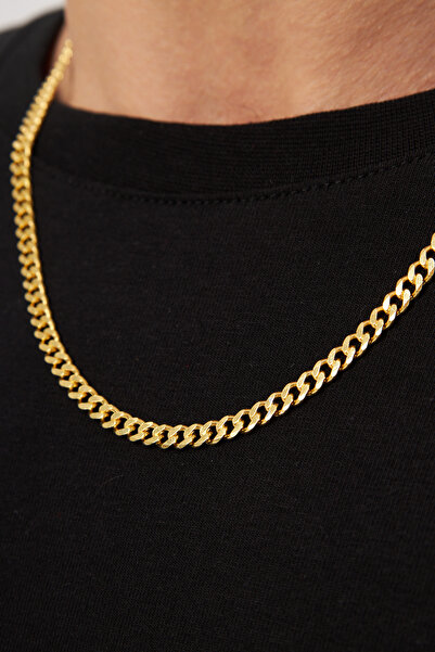 Ventino Silver 18 K Altın Kaplama 5mm Gurmet 925 Ayar Gümüş Erkek Zincir Kolye Vek-3123