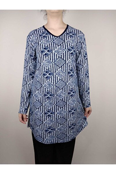 YAŞAR TRİKO Жіноча темно-синя туніка з V-подібним вирізом, довгими рукавами та м'якою тканиною