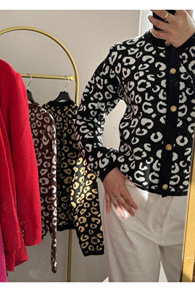 Azra Kadın Leopar Desenli Bisiklet Yaka Düğme Detaylı Şık Triko Hırka