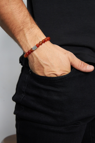 Ventino Silver 8mm Akik 925 Ayar Gümüş Erkek Doğal Taş Bileklik VED-0010