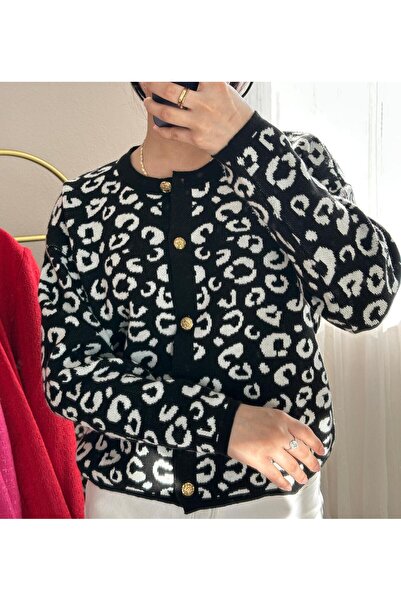 Azra Kadın Leopar Desenli Bisiklet Yaka Düğme Detaylı Şık Triko Hırka