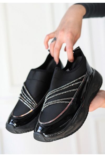 Aemido Keita Black Patent Leather Stretch Detailed Black Sole Sneakers