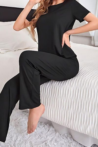 Rasabeauty Set de pijamale din viscoză neagră Raew - mânecă scurtă și inel ultra moale