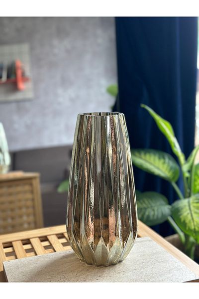 Kalya Concept مزهرية معدنية مزخرفة باللون الأخضر الزيتوني مقاس 30 × 15 سم - تصميم زجاجي مقطوع من أوريغامي، إكسسوار أنيق من بينتيريست