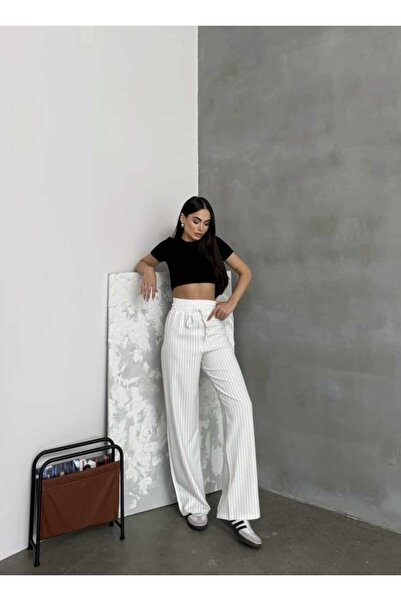 BNK Shop Παντελόνι Palazzo με ριγέ λεπτομέρεια στη διπλή μέση και κορδόνια που δένουν το πόδι