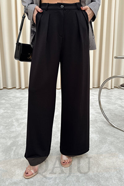 Qaju Kadın Yüksel Bel Pileli Geniş Paça Likralı Pamuklu Kumaş Pantolon - Siyah