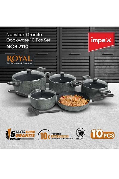 İMPEX طقم أواني طهي مكون من 10 قطع، 5 طبقات من الجرانيت، مقلاة 24 سم، 3 قدور مع غطاء 20/24/28 سم، قدر حليب مع غطاء 18 سم