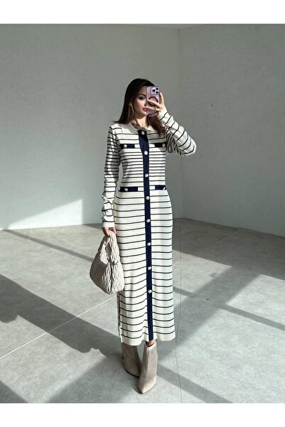 popibutik Kadın Çizgi Desen Maxi Triko Elbise
