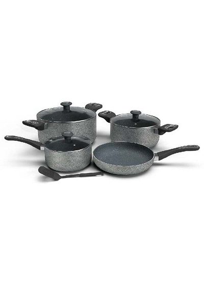 DELICI 8pcs Cookware Set,5 Layer Granite Coating,Frypan 24cm,2 Saucepan withlid20&24cm,Milkpan withlid 18cm