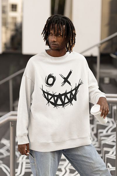 SEVBANO Line Design Smiley Face Printed Unisex Oversize Sweatshirt