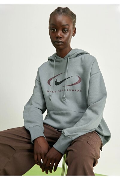 Nike Sportswear Fleece Os Pullover Hoodie Swoosh Gri Kadın Sweatshirt