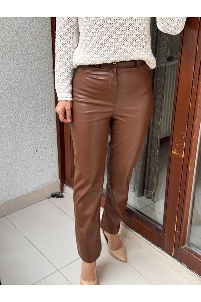 Marka Butikmayamoda Mng Taba/Camel Yuksek Bel Yumusak Deri Pantolon