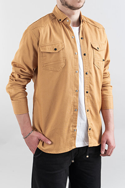 bombe Erkek Gömlek Hardal Slim Fit Dar Kalıp Erkek Kot Gömlek