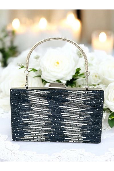 MidStore Albastru Marin Argintiu Mâner metalic Piatra de cristal Geanta rochie de seara Nunta Logodna Henna Absolventa