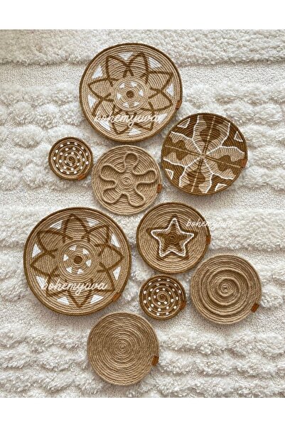 Bohemyuva Latte Özel Serisi 9'lu El Dokuması Bohem Afrika Etnik Hasır Duvar Tabak Seti