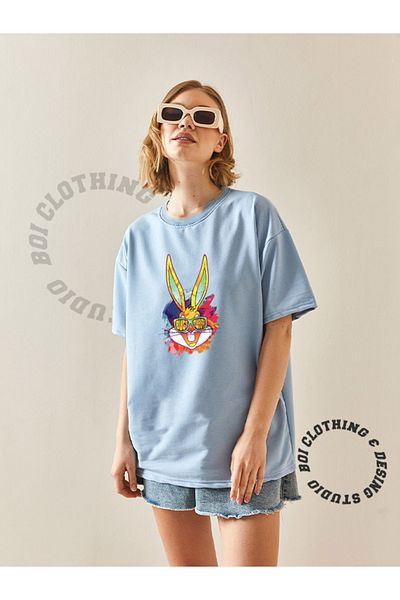 Boi Γυναικείο πολύχρωμο Bugs Bunny σχέδιο Oversize Loose Fit Casual βαμβακερό μαύρο λευκό κοντομάνικο μπλουζάκι