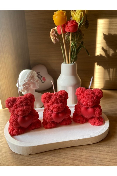 AKINLAR Kalpli Ayıcık Sevgililer Günü Kırmızı Mum Seti Soya Wax 3 lü