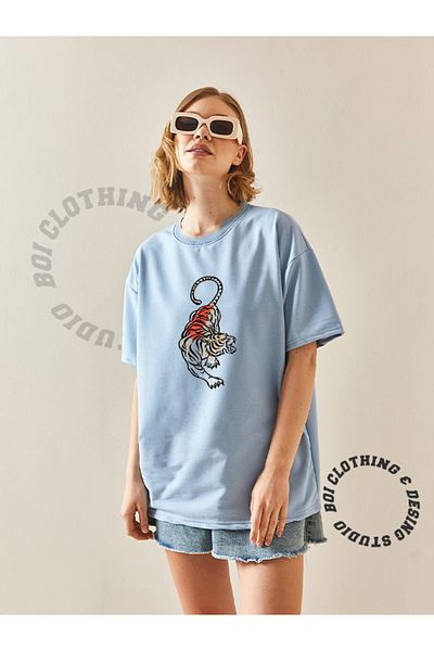 Boi Γυναικείο μπλουζάκι Tiger Attack Design Oversize Loose Fit Casual βαμβακερό μαύρο λευκό κοντομάνικο μπλουζάκι