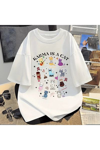 Touz Moda Μπλουζάκι υπερμεγέθη Unisex με στάμπα Karma is Cat