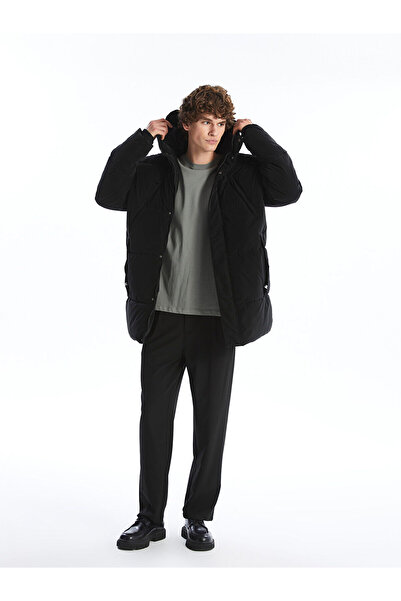 LC Waikiki Ανδρικό παλτό XSIDE Black Comfortable Fit με κουκούλα