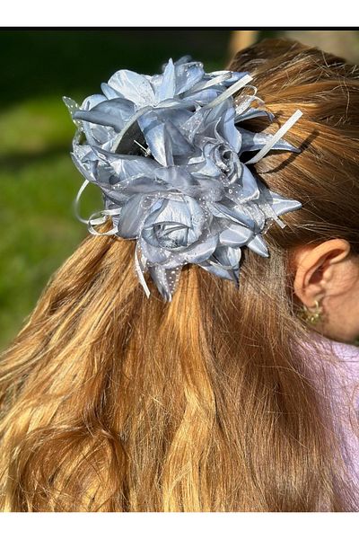 QUEEN AKSESUAR Luxury Fashion Trending - Grey Silver, Large Satin, Artificial Rose and Floral Peg Clip