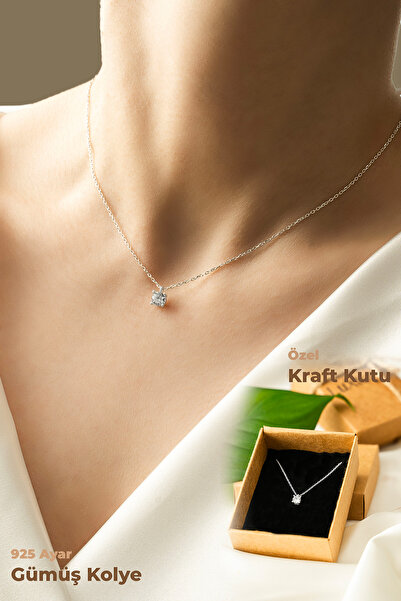 luxtone 925 Ayar Gümüş Tektaş Kolye Kraft Kutuda