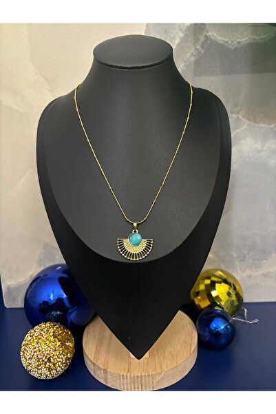 Idarosa Concept Altın Kaplama Top Zincirli Turkuaz Sedef Taşlı Yelpaze Model Çelik Kolye KARARMAZ