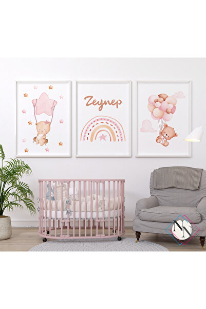 NN DECOR İsme Özel Oyuncak Ayı ve Gökyüzü Temalı 3'lü Set - Doğal Ahşap Çerçe...