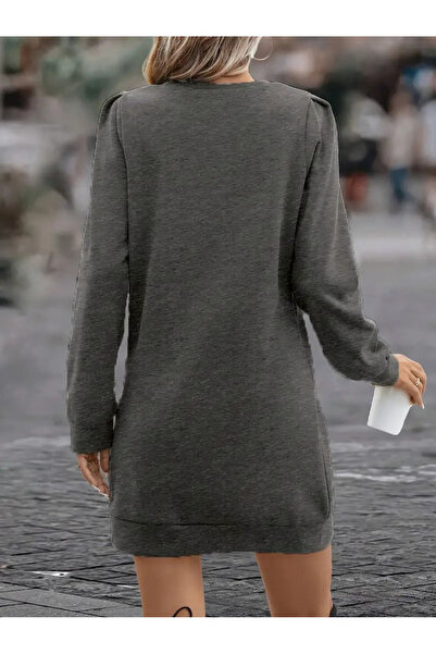 Moda Monisa Φόρεμα με στρογγυλή λαιμόκοψη ανθρακί - Μονόχρωμο, λεπτομέρεια ραφής σε σχήμα V, πλισέ στους ώμους, μακρυμάνικο φόρεμα μίντι