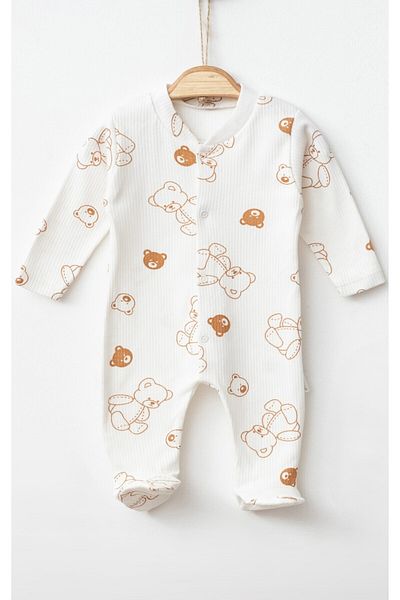 LemayBebek Reported Teddy Bear Patterned Jumpsuit with Booties Baby Girl/Boy Jumpsuit - White