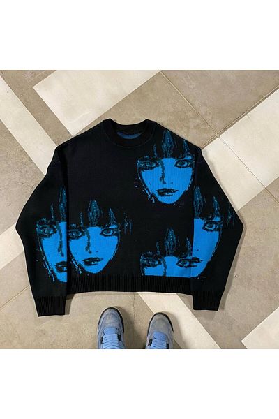 ÖZGESTORE Унисекс стрийт уелнес пуловер Blue Faces Oversize черен