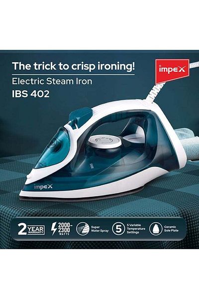 İMPEX Electric Steam Iron Box 2300W Ceramic Coated Sole Plate Super Water Spray IBS402