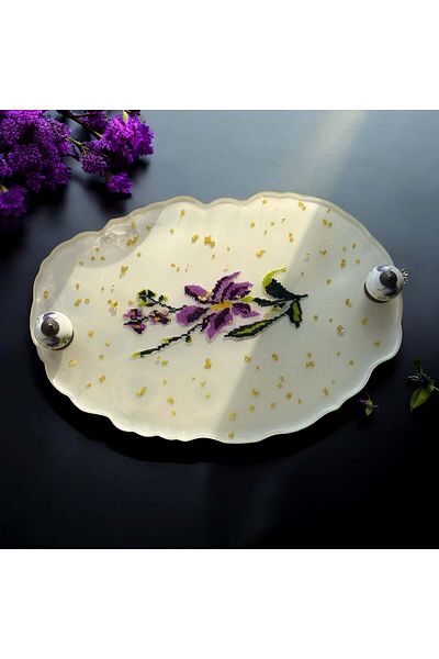 Home Epoxy Resin Canvas Tray - Purple Flowers - Width: 24 cm Length: 34 cm