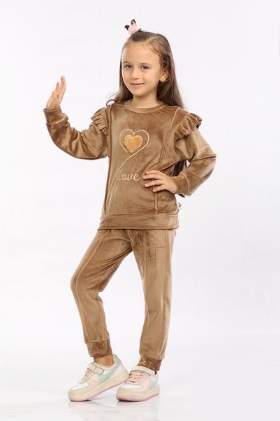 mhk burç bebe Girls' Velvet Top and Bottom Tracksuit Set – Ages 2-9 – Soft Fabric / Winter Set