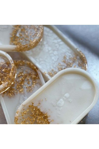 Pelince - Handmade 6-Piece Epoxy Presentation Bowl - Pearl White Gold Plated - Dimensions: 17.5 X 9.5 cm