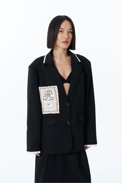 Quzu Jachetă blazer imprimată pe spate, neagră