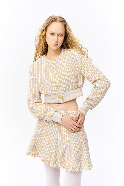 Quzu Μπεζ γκρι κοντό μπουφάν - Χρυσό κουμπί