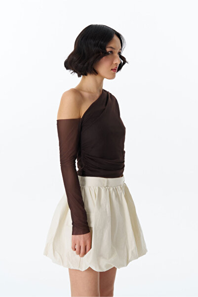 Quzu Brown Tulle Blouse - Off Shoulder Detail
