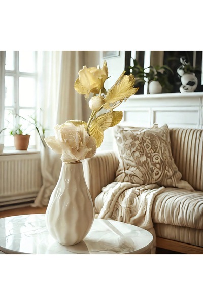 Lui Tasarım Krem Rengi iskandinav Tarzı Bohem Trend Seramik 20cm Sade Vazo