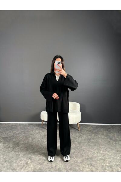 Gaus Черен комплект с поло блуза и пуловер Babs Knitwear