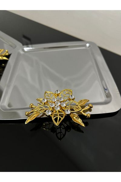 USD HOME Ασημένιος ανοξείδωτος δίσκος σερβιρίσματος τσαγιού καφέ με 6 πέτρες και αξεσουάρ μαργαρίτας