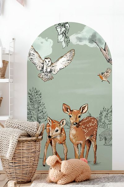 Grafikup Autocolant de perete decorativ Boho Oval - Autocolant de perete oval cu model de peisaj și animale