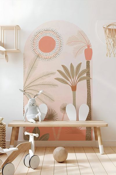 Grafikup Autocolant de perete decorativ Boho Oval - Autocolant de perete oval cu model de peisaj și animale