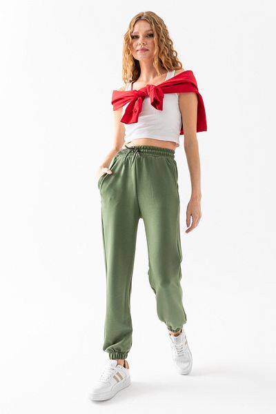 CNRCollection Pantaloni de sport modal flexibili kaki pentru femei, cu buzunare cu talie înaltă, cu textura moale, cu picioare elastice