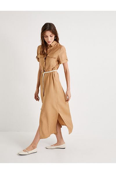 Koton Φόρεμα Viscose Shirt - Λεπτομέρεια με κοντό μανίκι, κουμπί και ζώνη