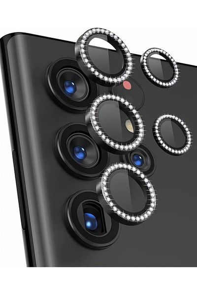 Fibaks Samsung Galaxy S23 Ultra Compatible Rhinestone Glossy Camera Lens Protector Glass and Frame Camera Protection Lens