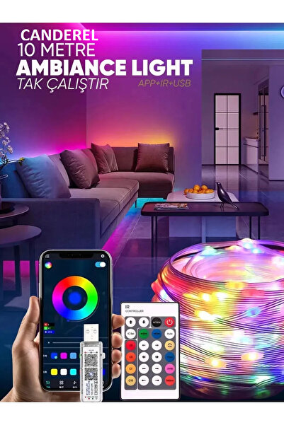 Raicon 10 Metre Sese Duyarlı Rgb Led Işık - 5v Usb Girişli, Bluetooth Uygulamalı Uzaktan Kumandalı