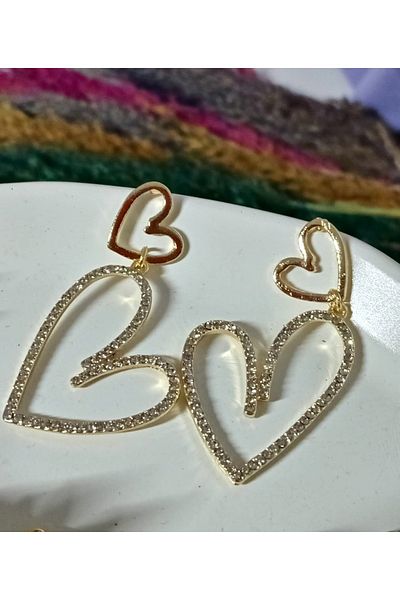 mos&more Gold Crystal Stone Double Heart Women's Evening Dress Earrings,Suyolu